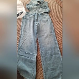 Baylin denim jumpsuit, lightwash, waist cutouts, wide leg, sleeveless, size 1X